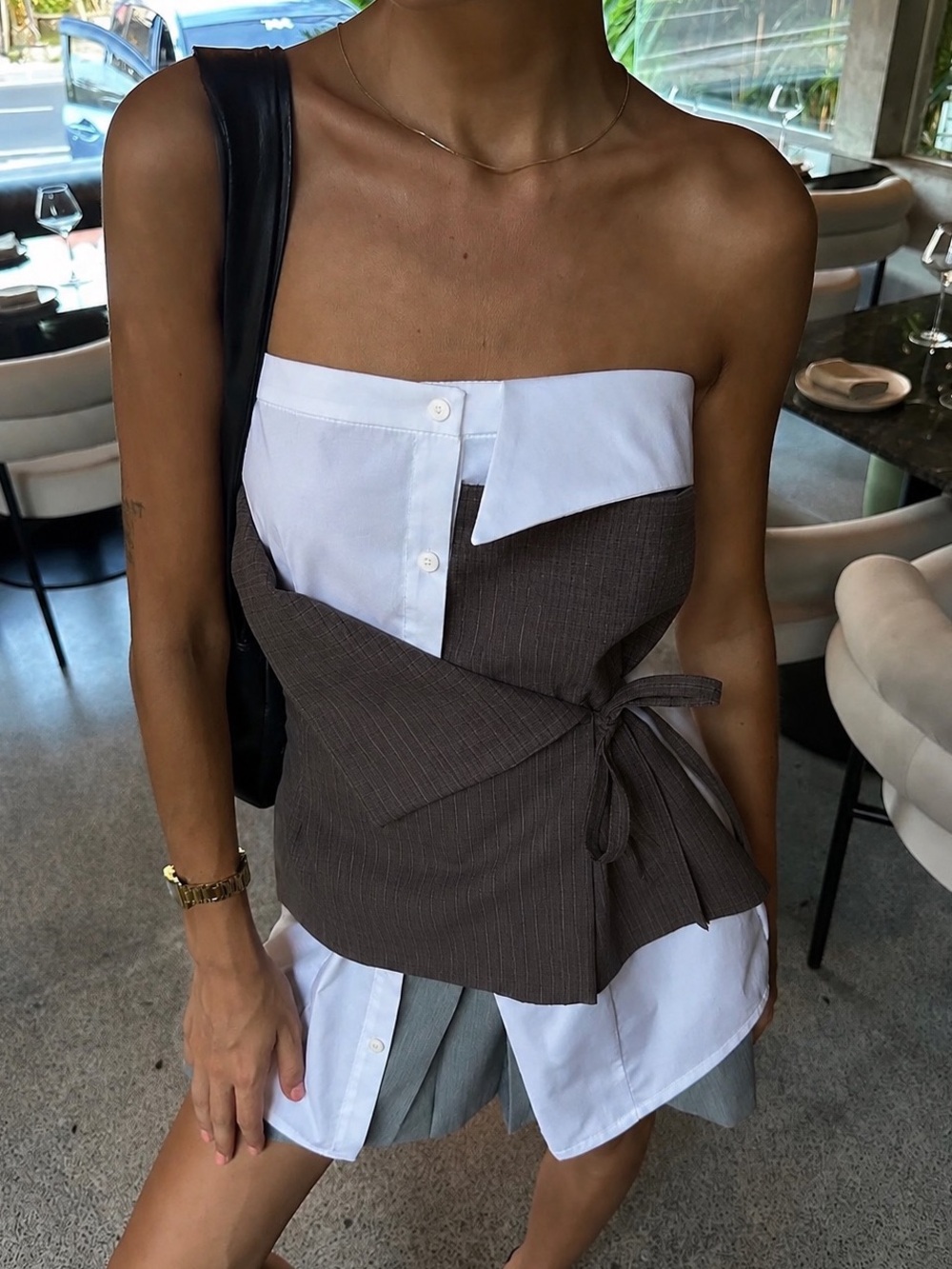 Brown Pinstripe Wrap Top